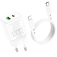 Borofone Sieninis įkroviklis BN7 - USB + Type C - QC 3.0 PD 20W su Type C į Lightning kabeliu baltas