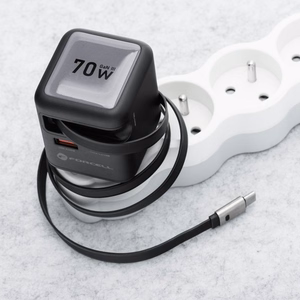 FORCELL F-ENERGY GaN III VT-R7 kelioninis įkroviklis su ištraukiamu kabeliu Type C ir 1x Type C, 1x USB A įkrovimo prievadais PD QC4.0 3A 70W pilkas