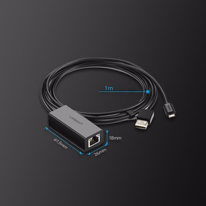 Ugreen 30985 išorinė tinklo plokštė Chromecast su micro USB / USB-A jungtimis 100Mb/s 1m juoda