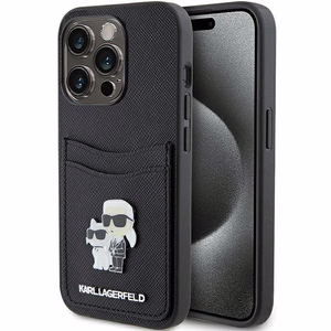 Karl Lagerfeld Saffiano kortelių lizdas Karl&Choupette metalinis kaištis dėklas iPhone 15 Pro - juoda