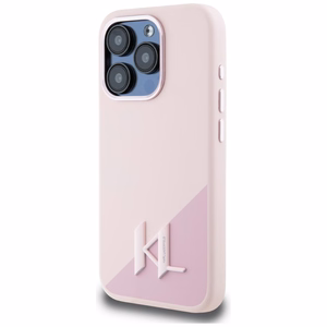 Karl Lagerfeld silikoninis Magnetinis dėklas telefonui su metalinėmis inicialų šešėlio detalėmis iPhone 15 Pro, rožinis