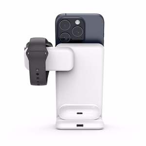Crong MagSpot Pivot Stand 3 viename belaidis įkroviklis, skirtas iPhone, Apple Watch ir AirPods, suderinamas su MagSafe, baltas