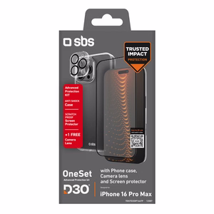SBS rinkinys su D3O technologija iPhone 16 Pro Max - dėklas + apsauginis stiklas ir kameros apsauga - skaidrus