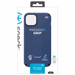 Speck Presidio2 Grip case for iPhone 15 Plus / 14 Plus, with non-slip grip, Coastal Blue / Black / White
