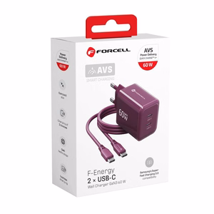 Bordo spalvos 60 W sieninis įkroviklis „Forcell F-Energy GaN III Crystal Color VT-60“, 2 × USB-C, AVS/PPS, su 1 m 60 W silikoniniu USB-C–USB-C kabeliu
