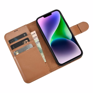 iCarer Piniginės dėklas 2in1 viršelis iPhone 14 Plus Anti-RFID odinis atverčiamas dėklas rudas (WMI14220727-BN)