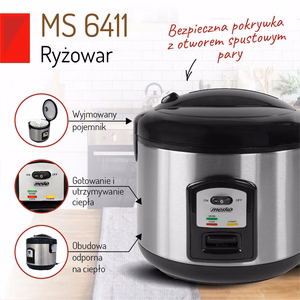 Mesko MS 6411 – рисоварка, 1000 Вт, 1,5 л, нержавеющая сталь/чёрная