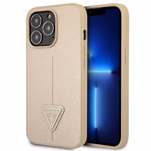 Guess GUHCP13LPSATLE iPhone 13 Pro / 13 6.1" smėlio spalvos kietasis dėklas SaffianoTriangle logotipas