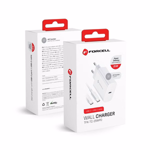 Įkroviklis Forcell + "USB-C (Type-C) to USB-C (Type-C)" (1xUSB-C 3A 25W) baltas