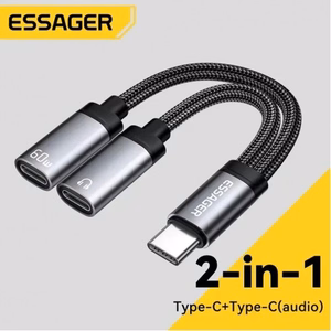 Adapteris Essager Dual String2 juodas (In: Male Type-C / Out: Female 2xType-C)