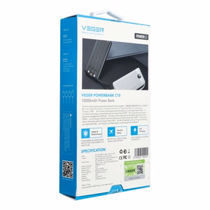 VEGER išorinė baterija 10000 mAh su įmontuotais kabeliais Micro USB / Type C / Lightning C10 (W1116) juoda