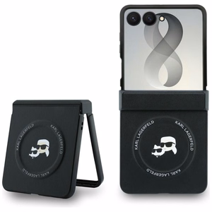 Juodas „Karl Lagerfeld Karl & Choupette Pins MagSafe“ dėklas, skirtas „Samsung Galaxy Z Flip8“