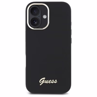 "Guess" silikoninis "iPhone 16 Plus" korpusas su metaliniu logotipu ir rėmeliu - juodas