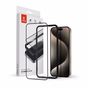 Crong Anti-Bacterial 3D Armor Glass antimikrobinis 9H viso paviršiaus klijuojamas grūdintas ekrano stiklas, skirtas iPhone 15 Pro Max, su montavimo rėmeliu