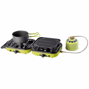 Meva DUAL COMPACT + GRILL turistinė dujinė viryklė, skirta dujų kasetėms, sulankstomas 2 degiklių modelis su kepimo plokšte