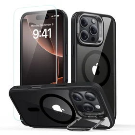 ESR Classic Hybrid Kickstand Halolock Magnetinis dėklas telefonui su stovu + grūdintas stiklas iPhone 16 Pro Max - skaidrus su juodu rėmeliu