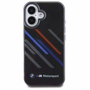 BMW Motosport IML atsitiktinės juostos iPhone 16 dėklas - juodas