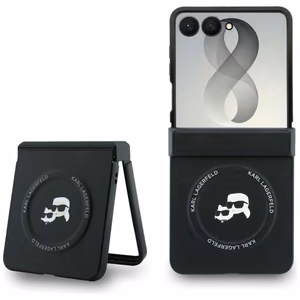 Juodas „Karl Lagerfeld Karl & Choupette Pins MagSafe“ dėklas, skirtas „Samsung Galaxy Z Flip8“