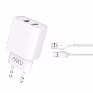 XO sieninis įkroviklis CE02C 2x USB 2,1A, baltas + microUSB laidas