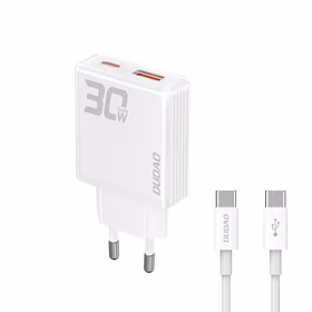 GaN Dudao A30EUT 30W USB-A / USB-C sieninis įkroviklis + USB-C - USB-C kabelis - baltas