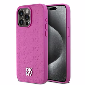 DKNY Odinis monogramos rašto metalinis logotipas Magnetinis dėklas telefonui iPhone 15 Pro Max - rožinis