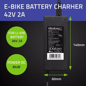 Qoltec 50760 – elektrinio dviračio akumuliatoriaus įkroviklis, 36 V / 42 V, 2 A, 5.5×2.1 mm jungtis