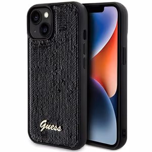 Guess Sequin Script Metal dėklas telefonui iPhone 14 / 15 / 13 - juodas