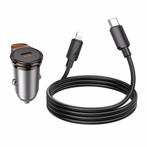 Automobilinis įkroviklis Hoco USB C QC PD 30W + kabelis USB C į Lightning NZ16 metalinis pilkas
