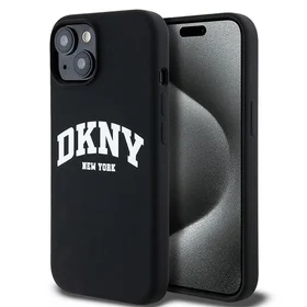 DKNY Skystas silikoninis dėklas MagSafe iPhone 15 / 14 / 13 su balto logotipo spauda - juodas (m)
