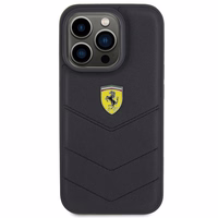 Ferrari dygsniuotas metalinis logotipo dėklas telefonui iPhone 15 Pro – juodas