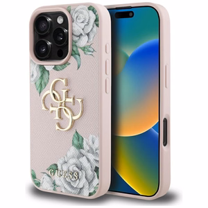 Guess Grained Roses Big 4G logo dėklas telefonui iPhone 16 Pro Max - rožinis