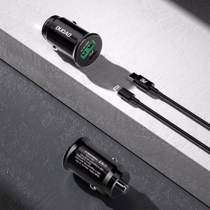 Automobilinis įkroviklis Dudao R3PRO juodas (1xUSB / 1xUSB-C / 18W) + Type-C / Lightning laidas