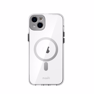 Moshi iGlaze dėklas, skirtas iPhone 14 Plus, suderinamas su MagSafe, skaidrus su „Meteorite Gray“ spalvos detalėmis