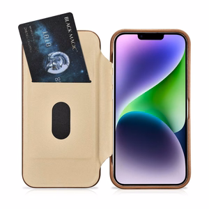 iCarer CE Premium odinis folio dėklas iPhone 14 Plus su MagSafe magnetiniu flipu - brūdas