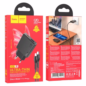 Įkroviklis telefonui Hoco Slim USB A + USB C QC3.0 PD 3A 20W + kabelis USB C į Lightning N38 juodas