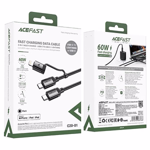 Acefast C20-01 USB-C - USB-C/ Lightning kabelis 60W/30W 480Mb/s 3A 1.2m - juodas