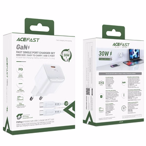 "Acefast A77 Mini PD 30W GaN sieninis įkroviklis + USB-C kabelis - baltas
