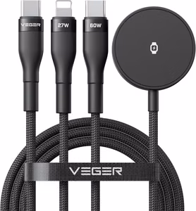 Kabelis 3in1 USB C į Lightning / Type C / iWatch / SAM Watch VEGER 3A 92W V730 1,5 m juodas