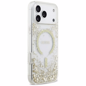 Guess Resin Bottom Glitter MagSafe dėklas, skirtas iPhone 18 Pro Max / 17 Pro Max, auksinis