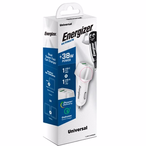 Автомобильное зарядное устройство Energizer Ultimate D38WS, USB-C + USB-A, 38 W PD + QC 3,0, бело-серебристый
