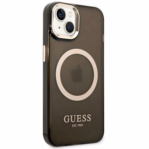 Guess GUHMP14MHTCMK iPhone 14 Plus 6.7" juodas/juodas kietas dėklas Auksinis kontūras Pusiau permatomas Magnetinis