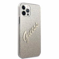 Guess GUHCP12LPCUGLSGO iPhone 12 Pro Max 6.7" auksinis kietasis dėklas Glitter Gradient Script