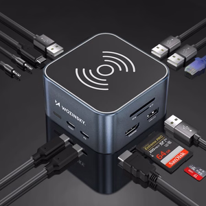 Hub USB-C 12 in 1 Wozinsky WHBC09Y8S daugiafunkcis, su belaidžio įkrovimo funkcija, aliuminis, su 15 cm laidu - pilkas