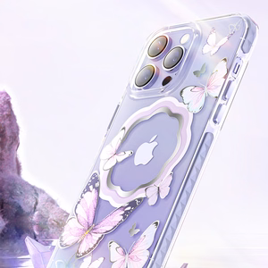 Kingxbar Butterfly Series magnetinis dėklas telefonui iPhone 14 Plus MagSafe su drugelių motyvu rožinės spalvos