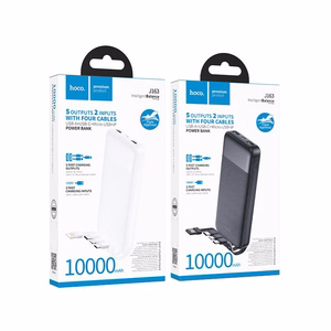 Išorinė baterija Hoco 10000 mAh 2A su keturiais integruotais laidais USB A + USB C + Lightning + Micro USB J163 juoda