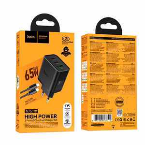 telefono įkroviklis Hoco 2x USB C + USB A QC3.0 PD 3A 65W + duomenų laidas USB C to USB C N75 juodas