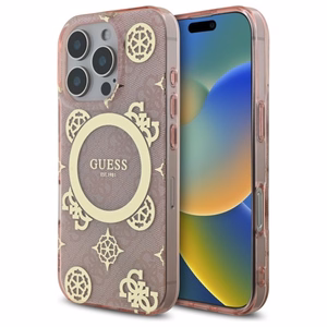 Guess IML Peony On 4G Background Magnetinis dėklas iPhone 16 Pro - rožinis