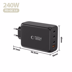 "Tech-Protect NC240W-GaN" 4 prievadų 240 W sieninis įkroviklis - juodas