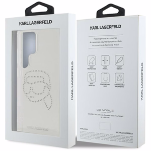 Karl Lagerfeld dėklas telefonui su kalnų krištolais Karl Head logotipu Samsung Galaxy S25 Ultra skaidrus