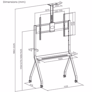 Stovas / vežimėlis televizoriui Maclean, lentynėlė kamerai, su ratukais, 55–100 colių, maks. apkrova 120 kg/10 kg lentynėlė, maks. VESA 900x600, baltas, MC-114 W